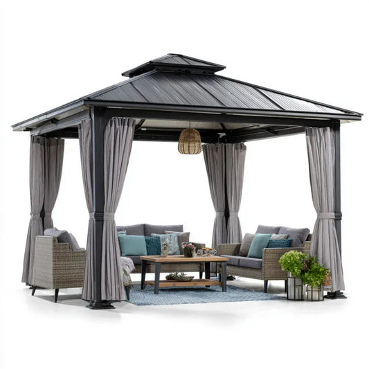 Altana lub pergola, Czarny prostokątny ogród tonnale w aluminium i cynkowany stalowy 400 x 300 x 290 cm z podwójnym poziomem sztywny dach i szary zasłony