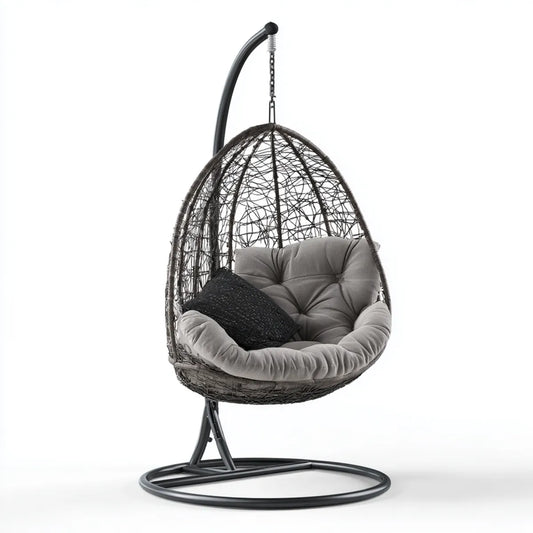 Hamak lub fotel wiszący, Krzesło wiszące z ramą Czarnoszary 105 x 105 x 195 cm stali PE rattan kształt jajka