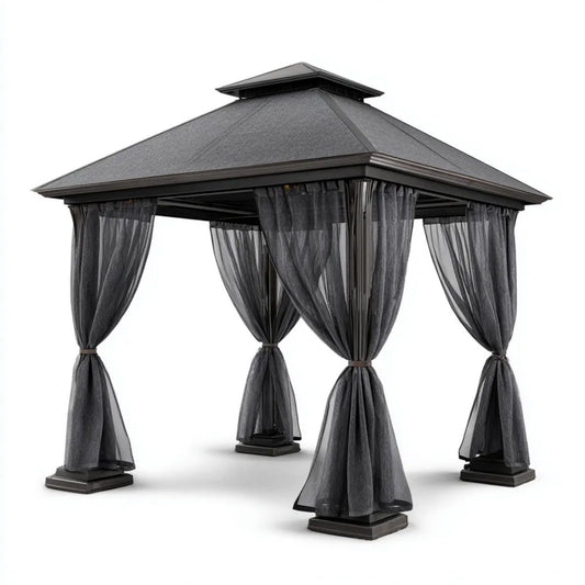 Altana lub pergola, Czarny kwadratowy ogród tonnale w stali stołowej i poliester 300 x 300 x 290 cm z zasłonami