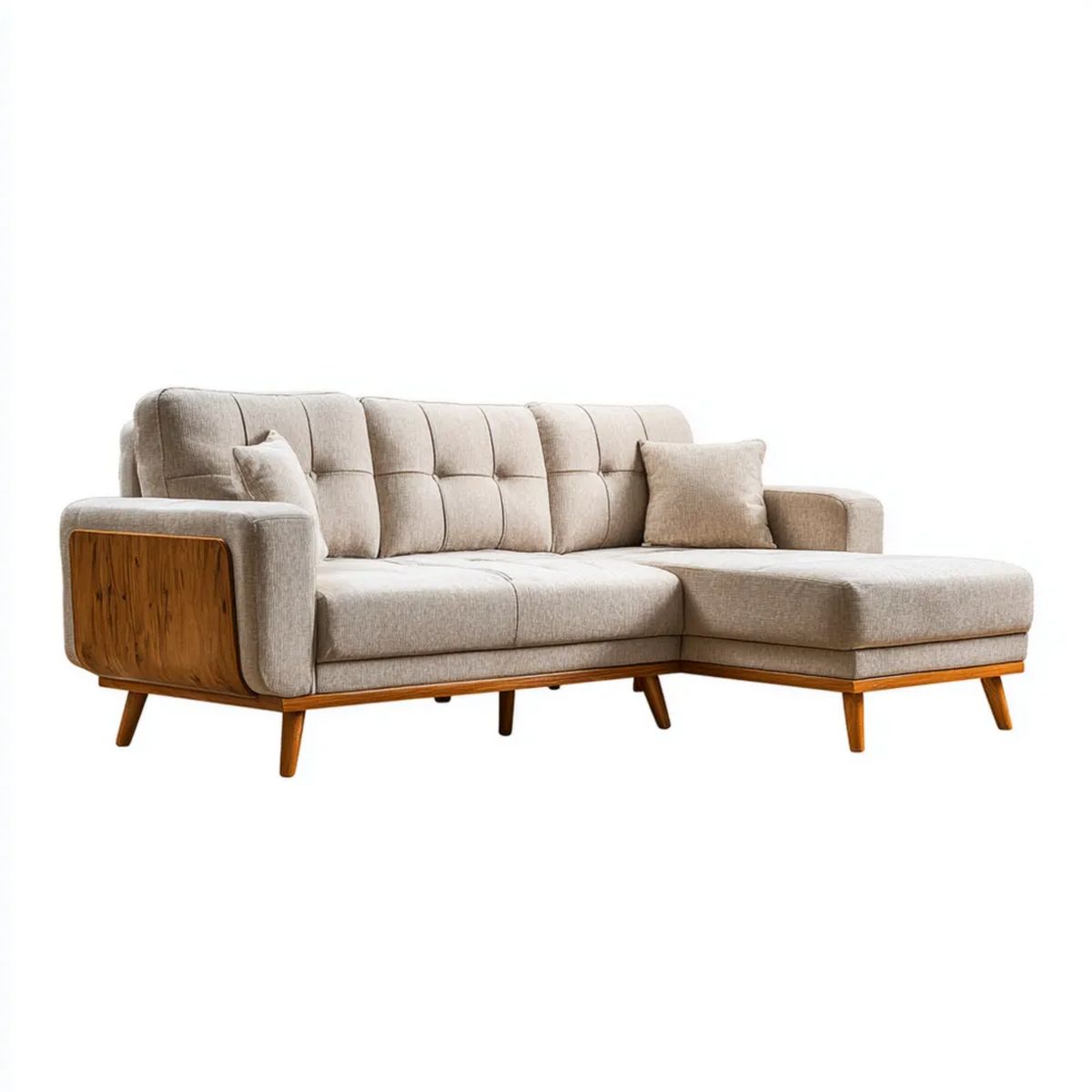 Sofa, 3-osobowa sofa z szezlongiem beżowy poliester i drewnem, 240 x 155 x 85 cm