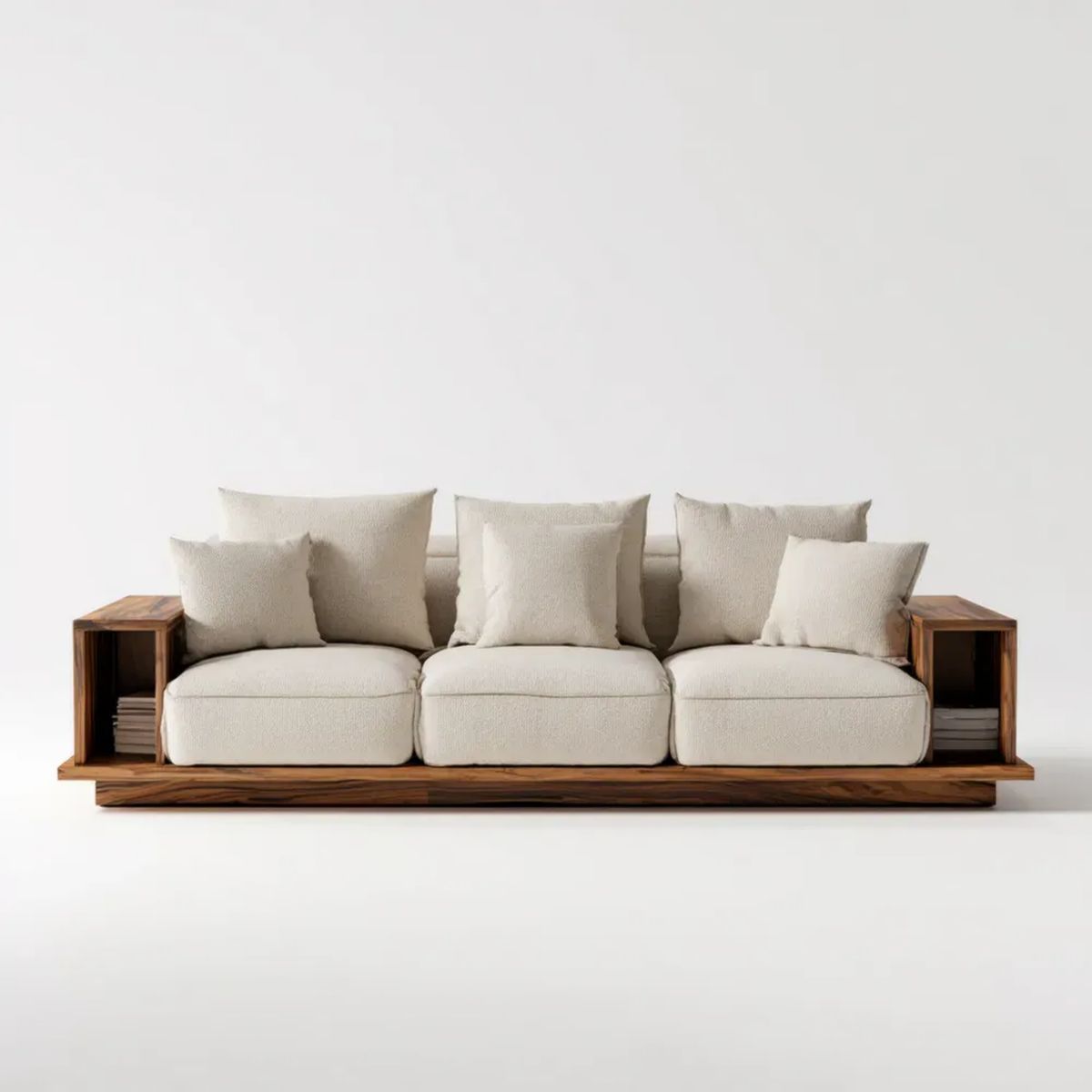Sofa, 3-osobowa w beżowej tkaniny, drewniana konstrukcja z orzechem musującym, 300 x 95 x 75 cm