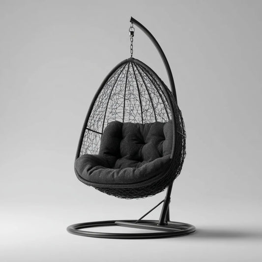 Hamak lub fotel wiszący, Krzesło wiszące z ramą Czarną 95 x 95 x 195 cm stal PE- rattan Oval