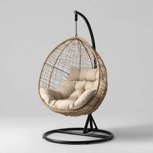 Hamak lub fotel wiszący, Wiszące krzesło z ramą Natur Beige 105 x 105 x 195 cm ze stali PE warkocz poliestrowy w kształcie jajka