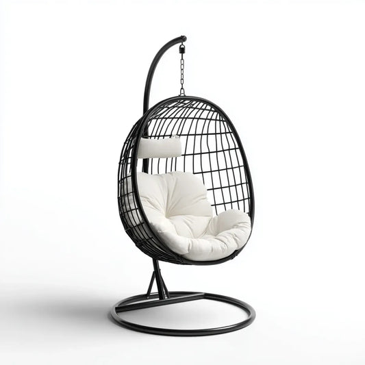 Hamak lub fotel wiszący, Wiszące krzesło z ramą Czarny biały 95 x 95 x 195 cm Stalowy poliester Oval