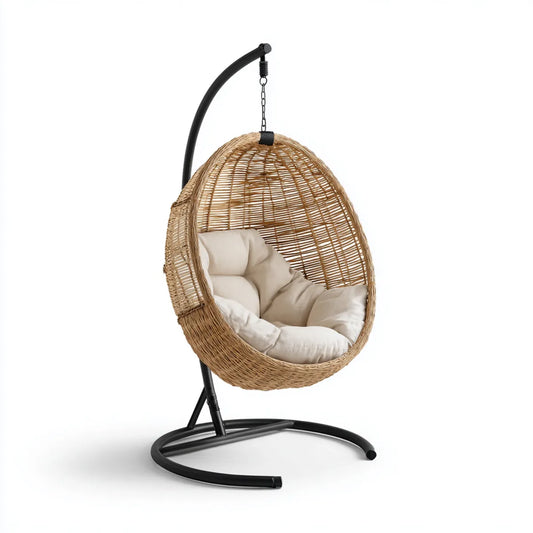 Hamak lub fotel wiszący, Wiszące krzesło z ramą Przyroda czarny 105 x 105 x 195 cm Stal rattan owalny z poduszką siedzenia