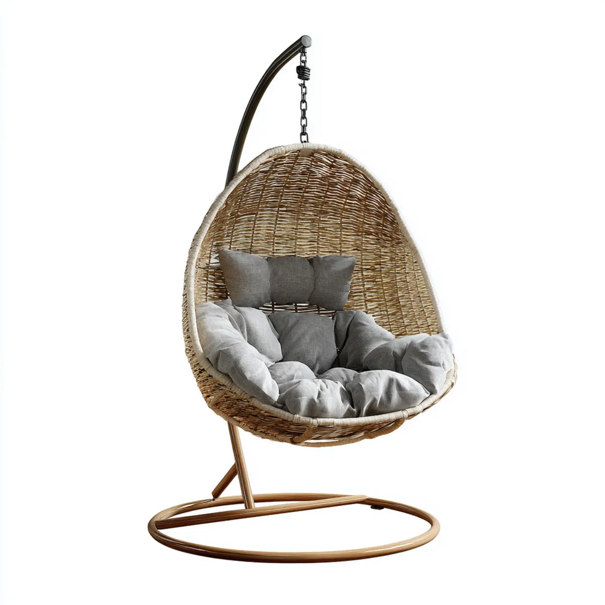Hamak lub fotel wiszący, Krzesło wiszące z ramą naturalną brązową szarą 105 x 75 x 195 cm stal rattan owalna