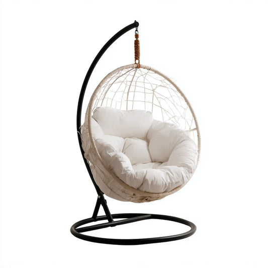 Hamak lub fotel wiszący, Wiszące krzesło z ramką krem biały czarny 95 x 95 x 195 cm PE rattan stalowy okrągły
