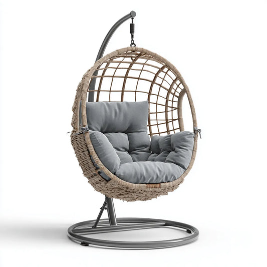 Hamak lub fotel wiszący, Wiszące krzesło z ramą szary Naturalny 105 x 105 x 195 cm PE rattan stali owalnej