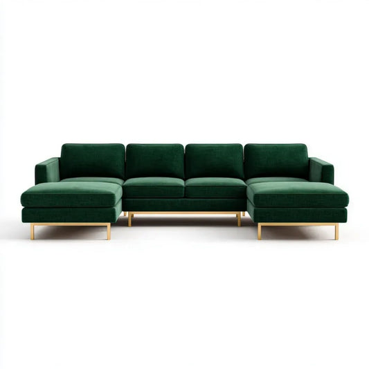 Sofa, Panoramiczna sofa z 4 fotelami w ciemnozielonym, 300 x 160 x 85 cm, z szezlongiem