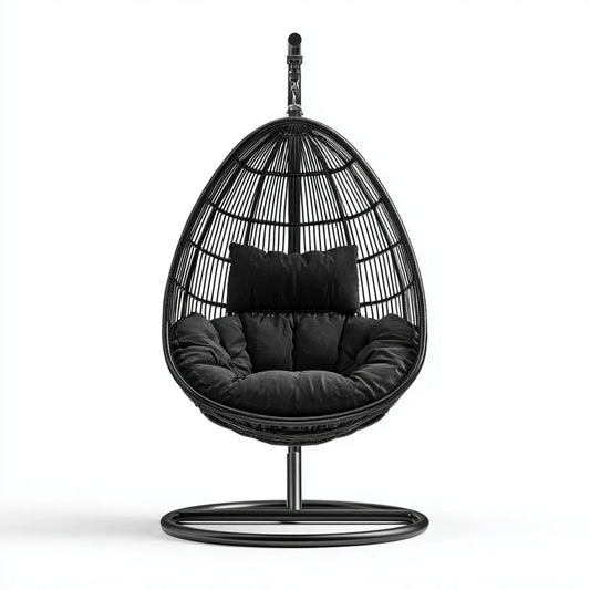 Hamak lub fotel wiszący, Wiszące krzesło z ramą czarną 105 x 105 x 200 cm stali rattan PE kształt kropli