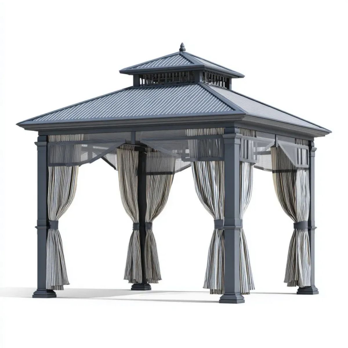 Altana lub pergola, Antracyt siwy prostokątny ogrodowy ogród siodłowy w aluminiowym pawilonie i ocynkowany stalowy 400 x 300 x 290 cm z sztywnym dachem, zasłonami i moskitierami