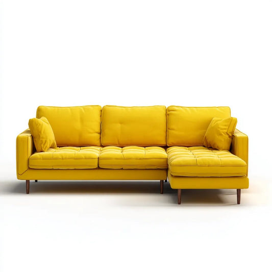 Sofa, 3-osobowa sofa w kolorze żółtym kolorze skóry 250 x 160 x 85 cm z szezlongiem w prawo