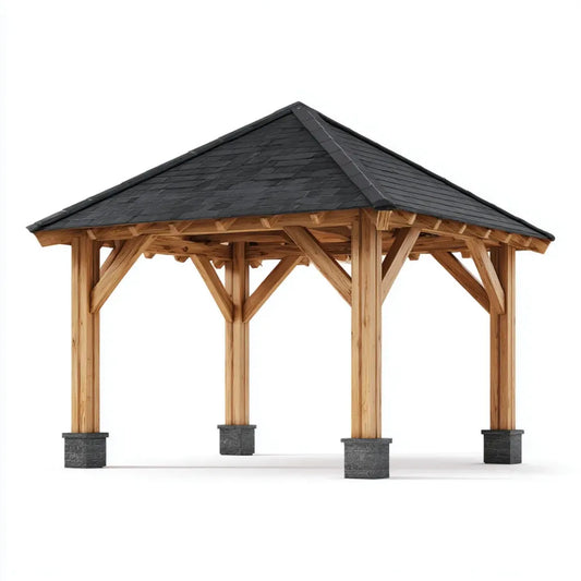 Altana lub pergola, Kwadrat ogród altana brązowy i czarny 400 x 400 x 330 cm w litym drewnie sosnowym z dachem w pawilonie
