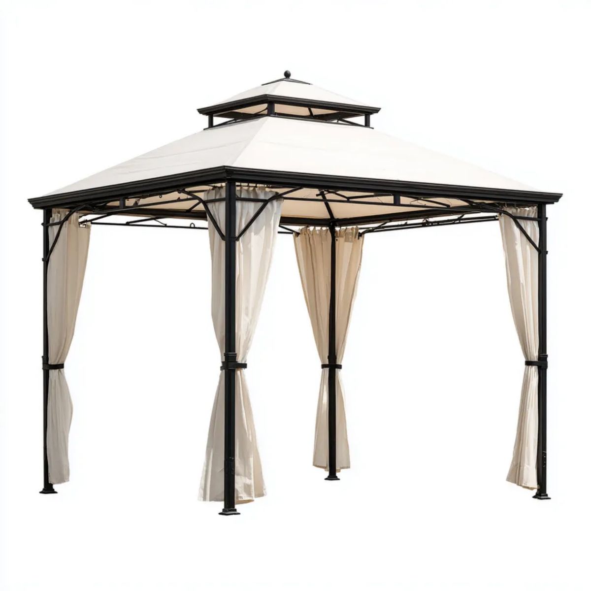 Altana lub pergola, Plac Ogród Montrealu beżowy i czarny w stali brązowy i poliester 3 × 3 m z zasłonami