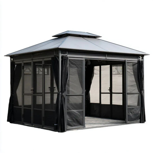 Altana lub pergola, Antracyt czarny i szary prostokątny ogród prostokątny pawilon aluminiowy i cynkowany stalowy, 400 x 300 x 280 cm