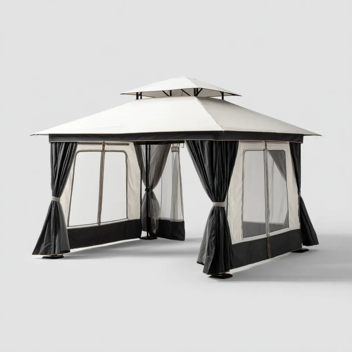 Altana lub pergola, Beżowy i czarny ogród kwadratowy Gazebo 300 x 300 x 270 cm stal i poliester z bocznymi zasłonami
